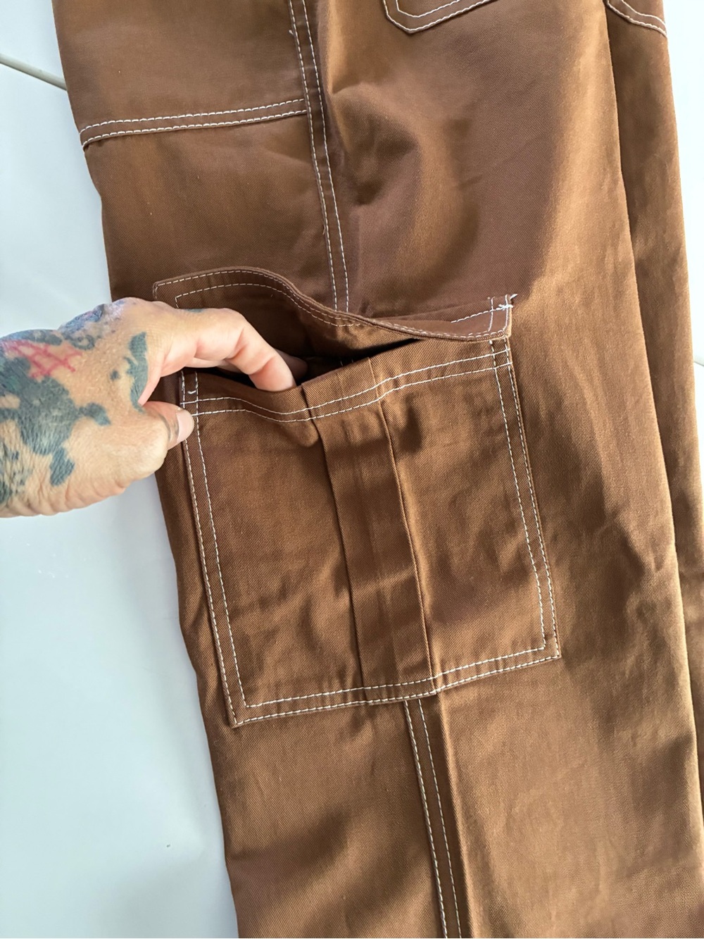 HERPERAS S CHOCOLATE BR 💯 COTTON STREETWEAR CARGO PANTS THICK STICKING ACCENTS - Picture 12 of 14